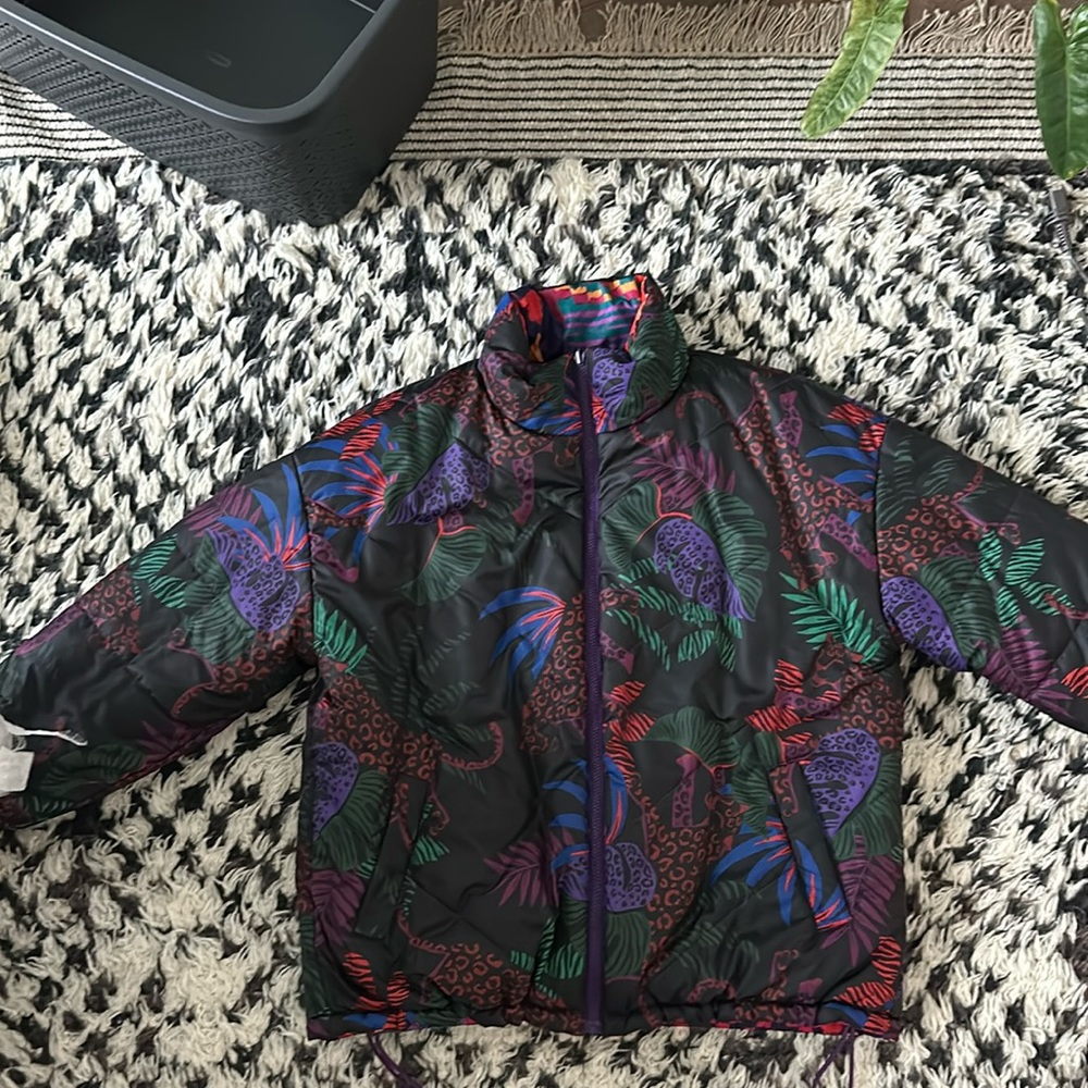 Farm Rio black pink red coat jacket puffer oversized quilted size M